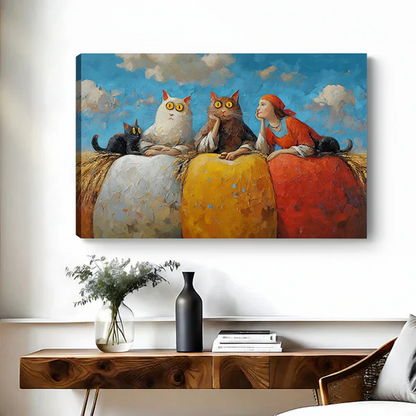 Canvas whimsical cats girl oil painting print on white wall living room decor