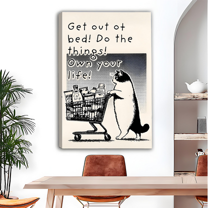 Cat Pushing Shopping Cart Own Your Life Retro Canvas Wall Art Print Dining Room Decor