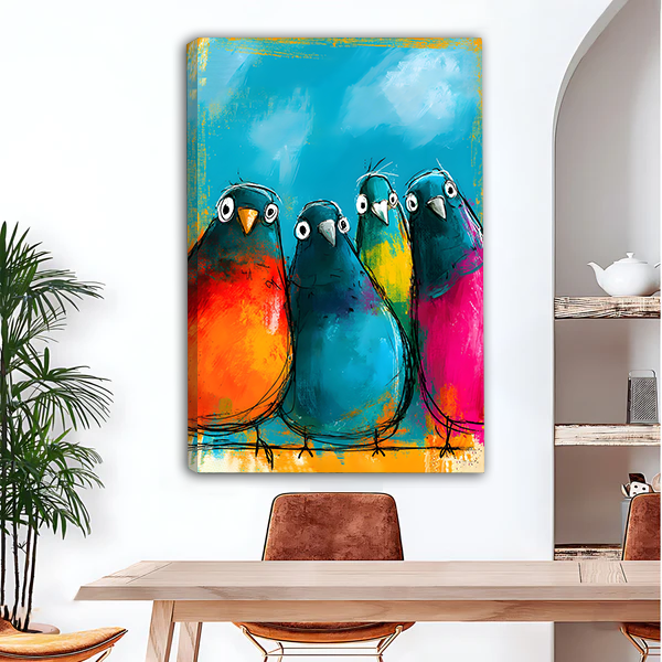 Colorful chubby birds squad expressive oil painting gallery wrap canvas art without frame above wooden dining table with leather chairs and arched wall