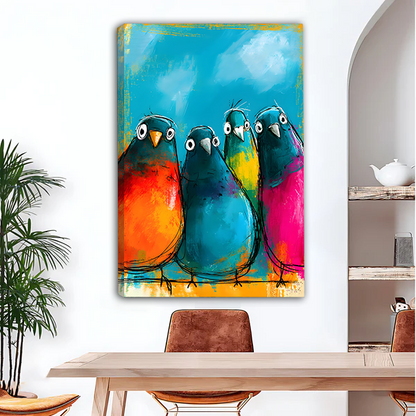 Colorful chubby birds squad expressive oil painting gallery wrap canvas art without frame above wooden dining table with leather chairs and arched wall