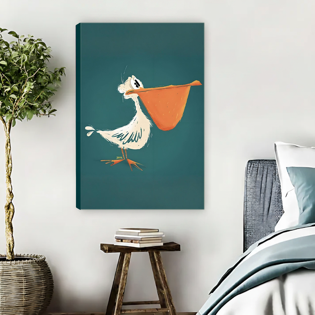 Colorful pelican cartoon gallery wrap canvas art displayed in cozy bedroom without frame