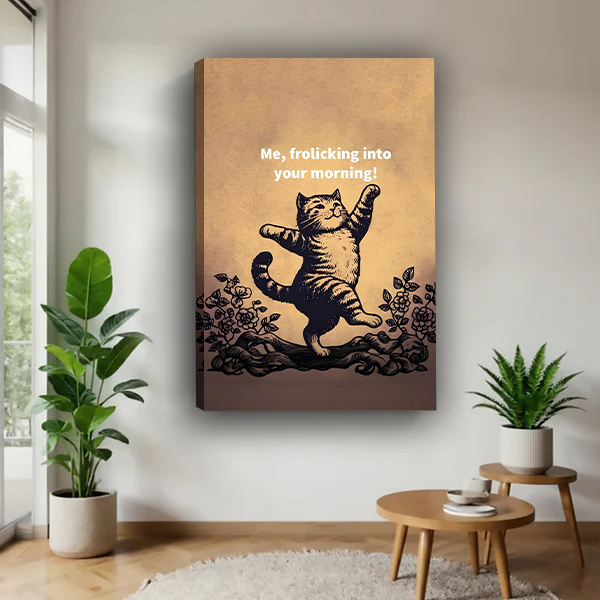 Dancing cat canvas wall art print whimsical woodcut style warm golden home decor