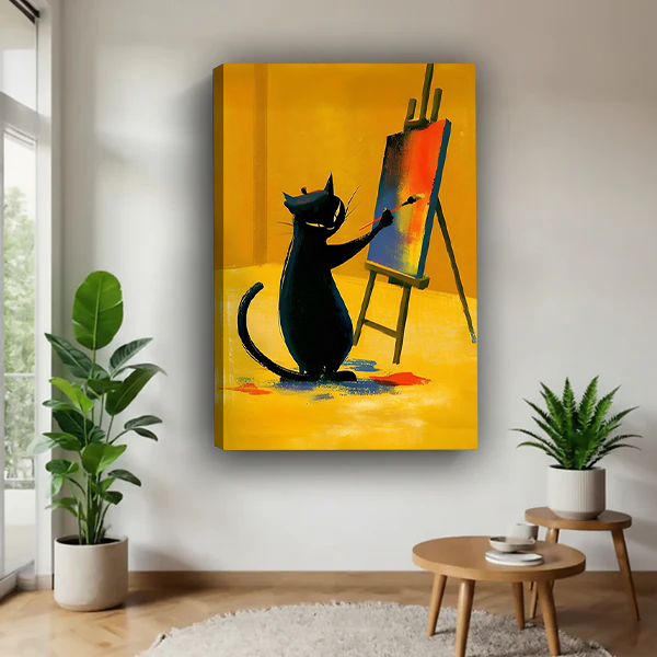 Vibrant black cat painter canvas print — frameless gallery wrap wall art with golden background