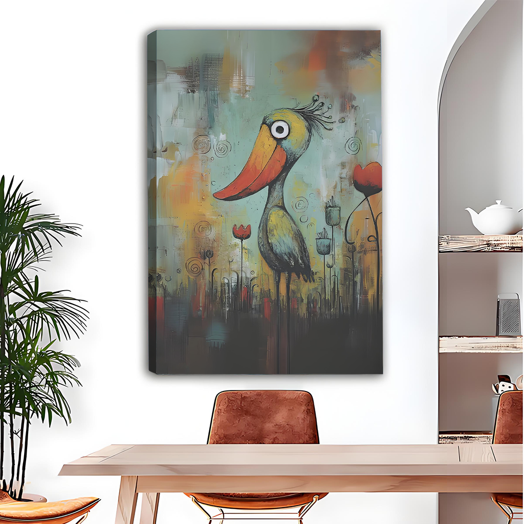 Abstract quirky bird canvas wall art with bold brushstrokes and red flowers, eclectic dining room display