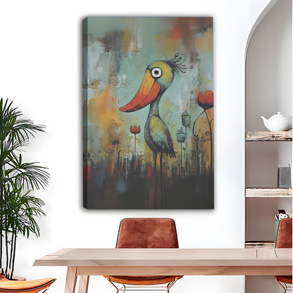 Abstract quirky bird canvas wall art with bold brushstrokes and red flowers, eclectic dining room display