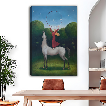 Fantasy canvas wall art of woman riding white horse through magical forest, living room display