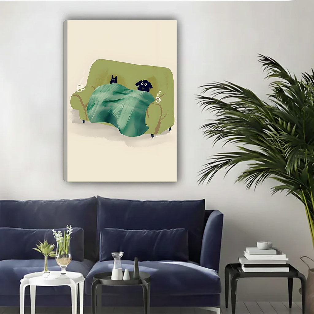 Cute cat and dog on green sofa canvas art print — minimalist pet illustration wall decor