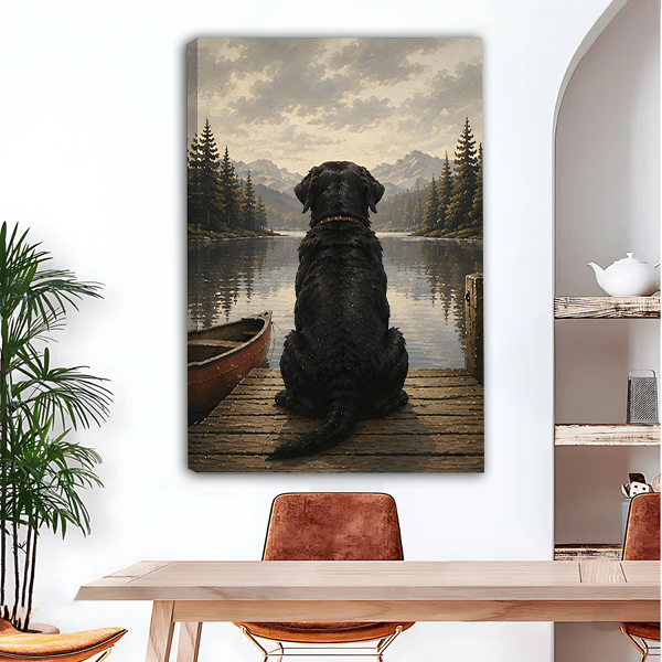 Black Lab mountain lake canvas wall art rustic vintage style gallery wrap print