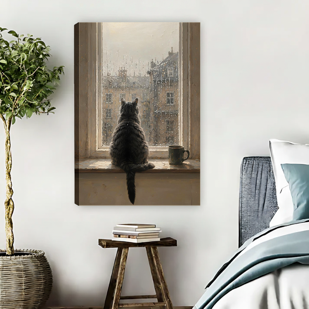 Gallery wrap cat canvas print in cozy bedroom — black cat watching rain through window