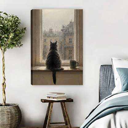Gallery wrap cat canvas print in cozy bedroom — black cat watching rain through window