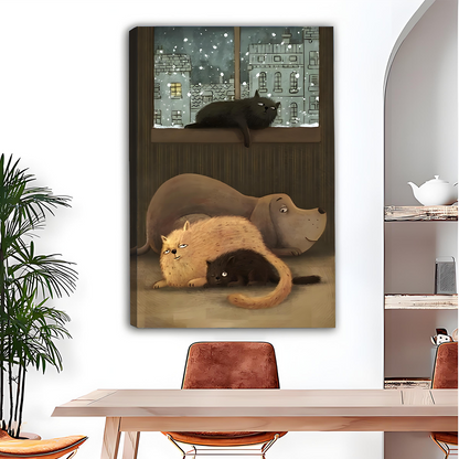 Whimsical cats and dog snuggling by snowy window canvas wall art, cozy winter illustration print