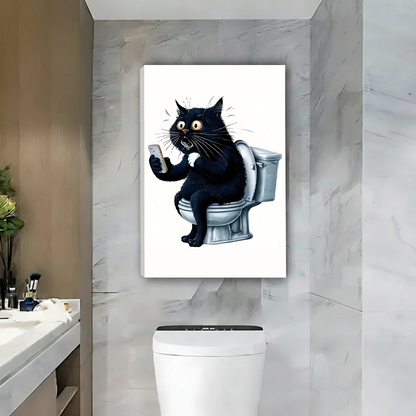 Humorous black cat scrolling phone on toilet — frameless canvas wall art bathroom decor