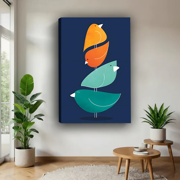 Geometric stacked birds canvas wall art print mid-century modern teal orange minimalist home decor