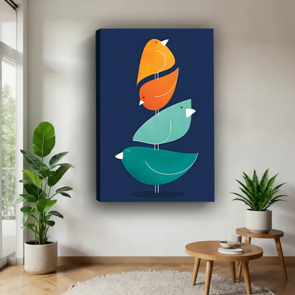 Geometric stacked birds canvas wall art print mid-century modern teal orange minimalist home decor