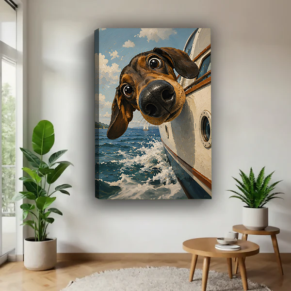 Dachshund speedboat ocean adventure funny illustration gallery wrap canvas wall art in minimalist living room with tropical plants and wooden side table
