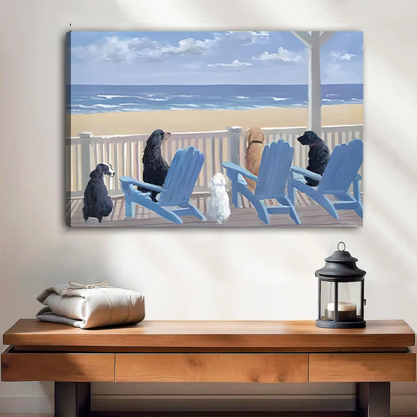 Coastal Dogs on Beach Porch Canvas Wall Art Print Nautical Home Decor