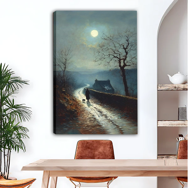 Atmospheric moonlit path oil painting canvas wall art displayed in dining room with wood table