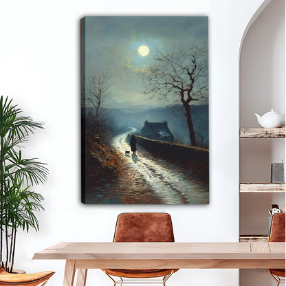 Atmospheric moonlit path oil painting canvas wall art displayed in dining room with wood table