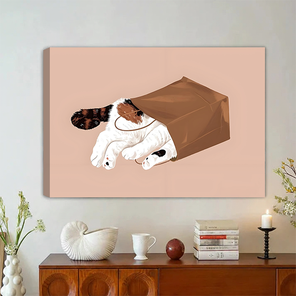 Cat in paper bag minimalist illustration gallery wrap canvas wall art in warm boho living room above wooden sideboard