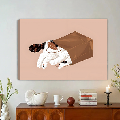 Cat in paper bag minimalist illustration gallery wrap canvas wall art in warm boho living room above wooden sideboard