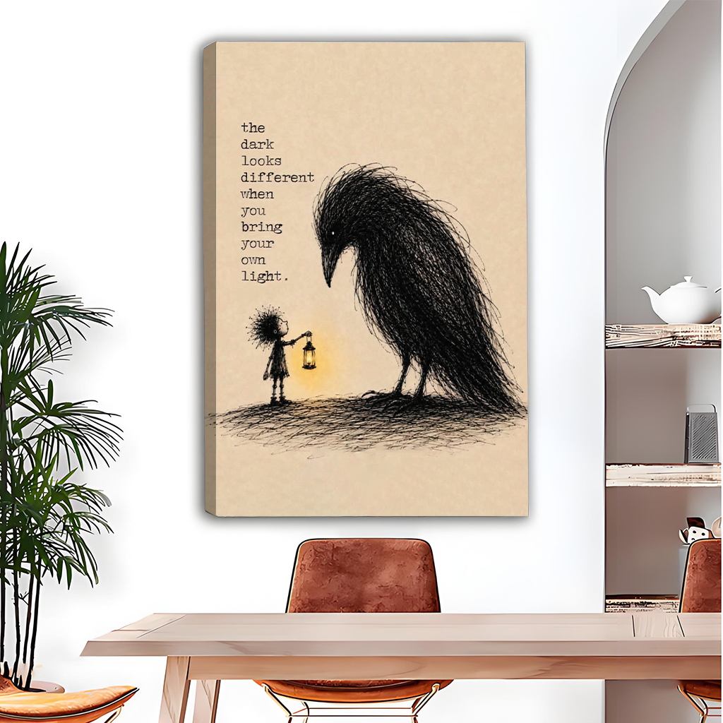 Bring your own light canvas wall art of child holding lantern facing dark bird, motivational dining room display