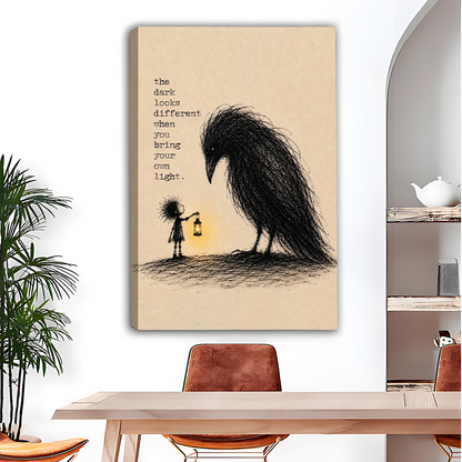 Bring your own light canvas wall art of child holding lantern facing dark bird, motivational dining room display