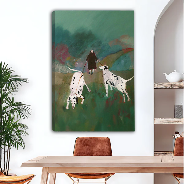 Woman with two Dalmatian dogs green field expressive oil painting gallery wrap canvas art without frame above wooden dining table with leather chairs and arched wall
