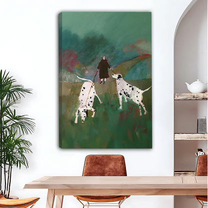 Woman with two Dalmatian dogs green field expressive oil painting gallery wrap canvas art without frame above wooden dining table with leather chairs and arched wall