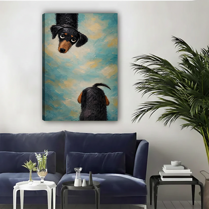 Unframed gallery wrap canvas of two curious dachshunds on teal gold background above navy sofa