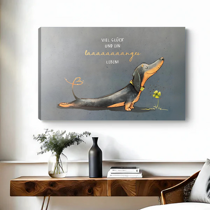 Whimsical dachshund canvas wall art gallery wrap displayed above modern console table