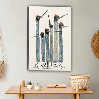 Five tall abstract blue grey tribal birds with red fluffy crests long pointed beaks and dot texture patterns folk art hand-drawn illustration on aged cream background gallery wrap canvas art displayed on light grey wall above natural wood console table with small white ceramic pots succulents wooden laptop stand and woven rattan wall basket