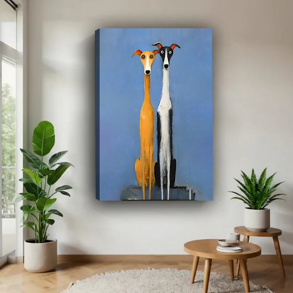 Colorful greyhound duo canvas art print in contemporary home decor setting