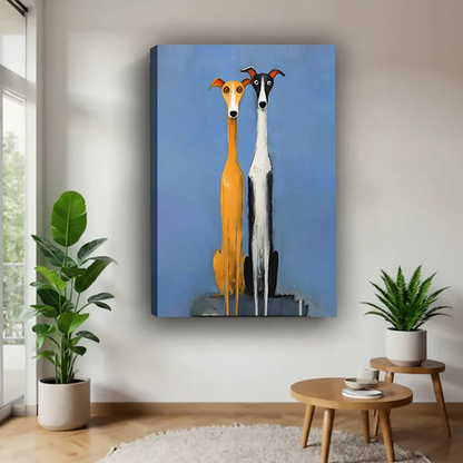 Colorful greyhound duo canvas art print in contemporary home decor setting