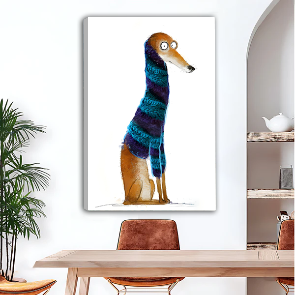 Greyhound in striped knit scarf whimsical watercolor gallery wrap canvas art without frame above wooden dining table with leather chairs and arched wall