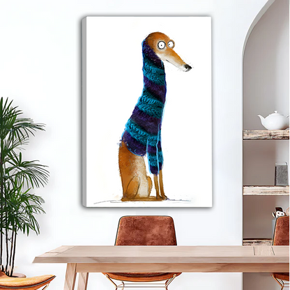 Greyhound in striped knit scarf whimsical watercolor gallery wrap canvas art without frame above wooden dining table with leather chairs and arched wall
