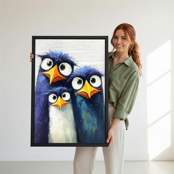 Woman Holding Funny Penguin Trio Framed Art Print Size Reference