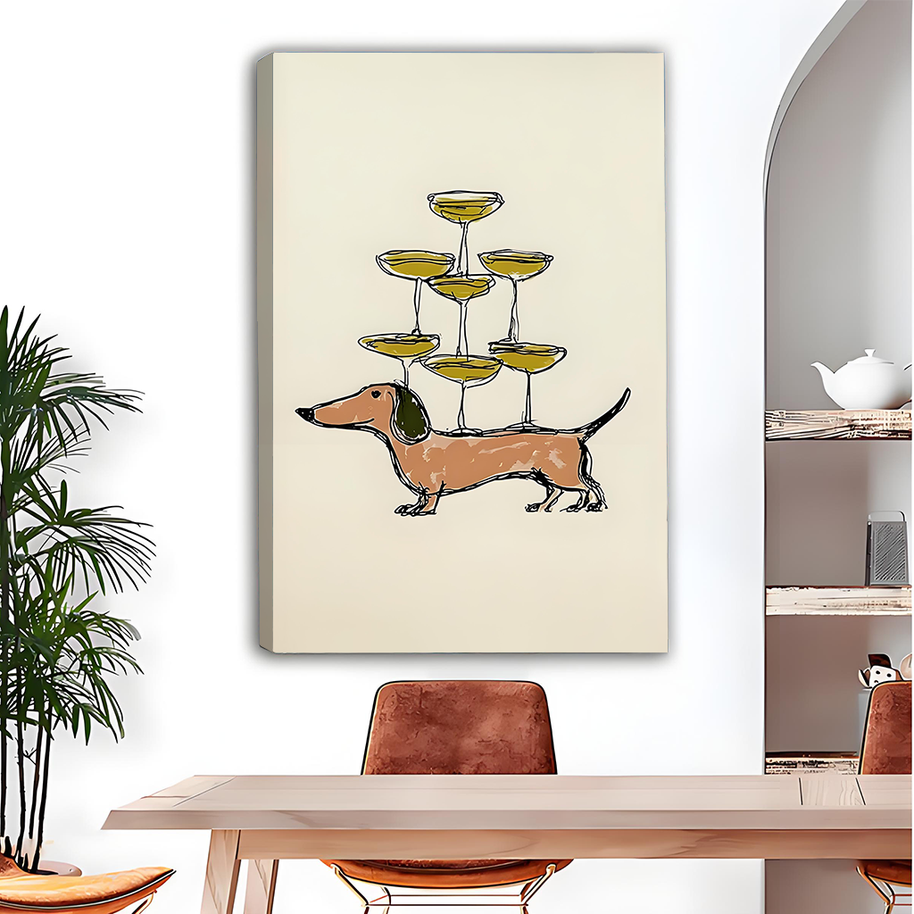 Woman Holding Dachshund Champagne Tower Line Art Framed Art Print Size Reference