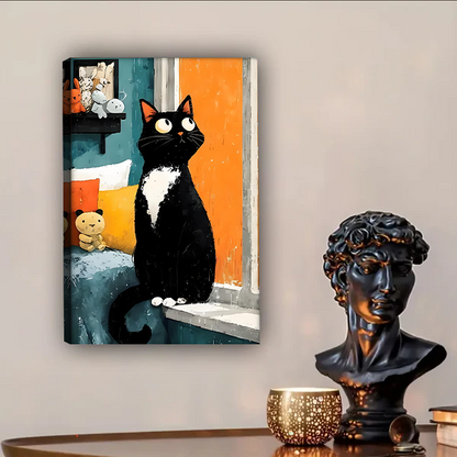 Tuxedo cat oil painting wall art print, wide-eyed black and white cat at window, orange and teal room