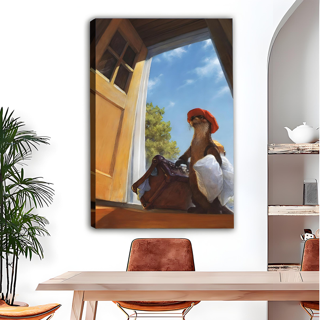 Fantasy otter canvas wall art with warm golden tones hung in contemporary dining room setting