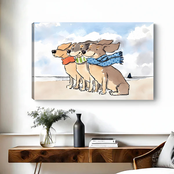 Gallery wrap canvas print of three dogs on beach in watercolor style, unframed