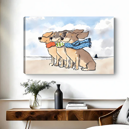 Gallery wrap canvas print of three dogs on beach in watercolor style, unframed