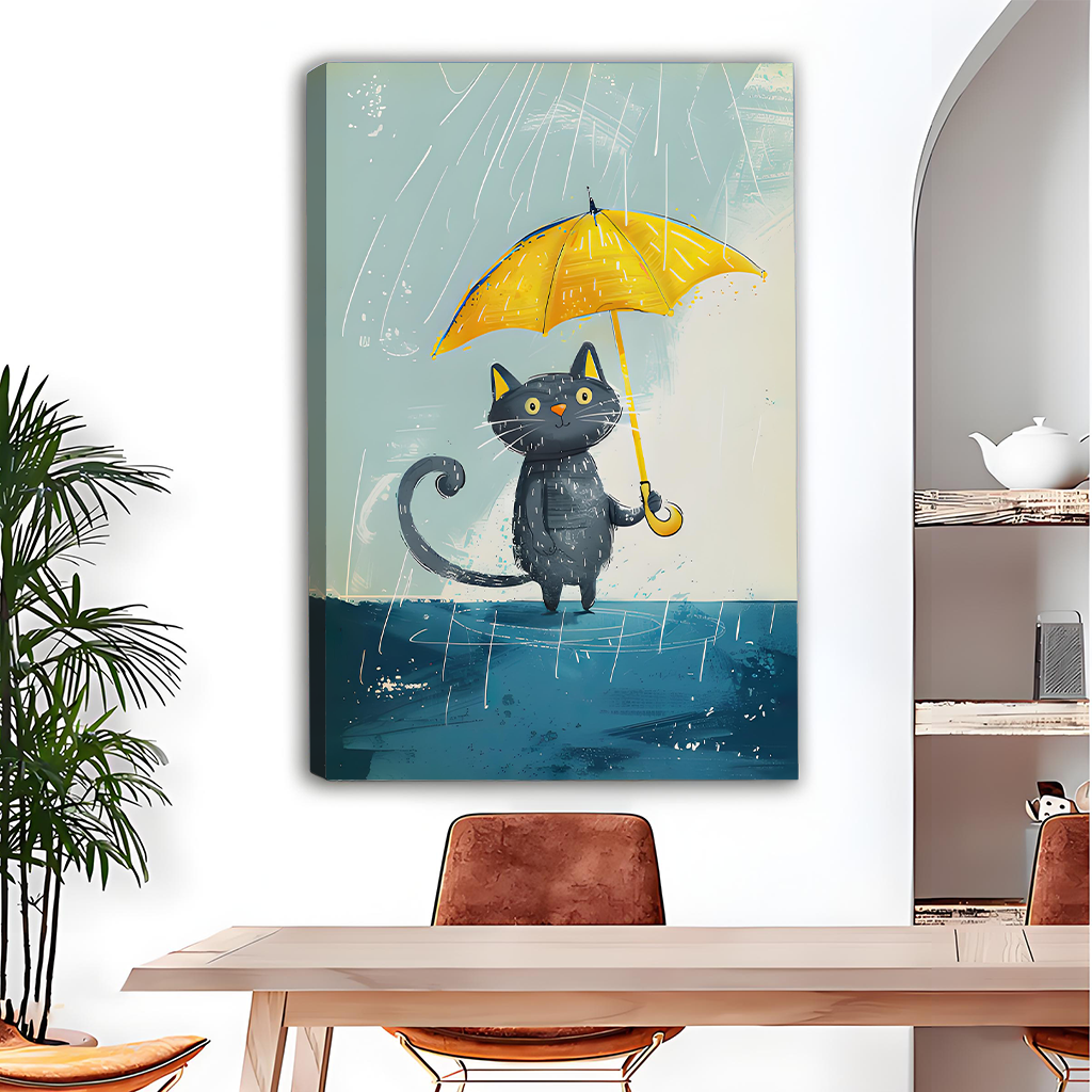 Whimsical black cat with yellow umbrella canvas wall art, colorful illustration print for living room