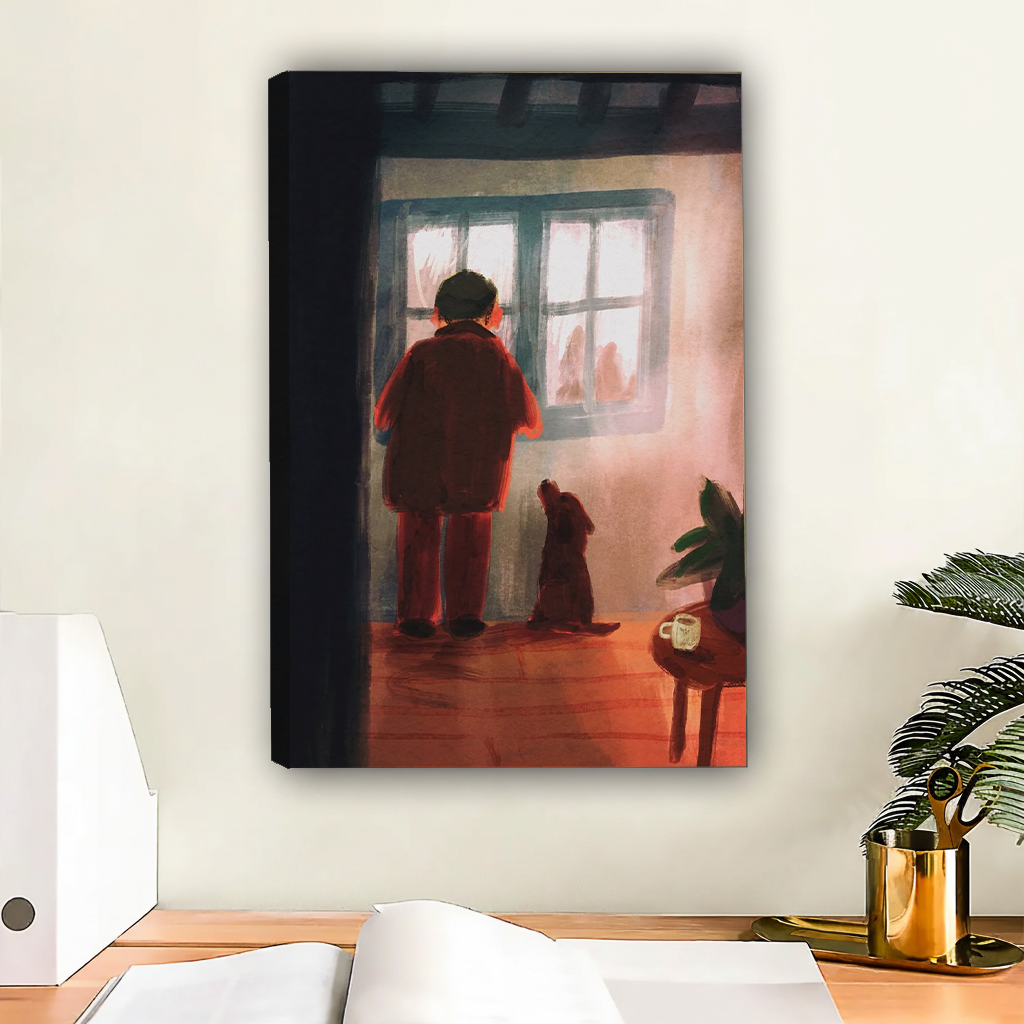 Man and Dog at Window Vintage Oil Painting Framed Print l2163