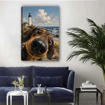 Dachshund nose-first selfie lighthouse ocean beach funny illustration gallery wrap canvas wall art above navy blue sofa with palm plant