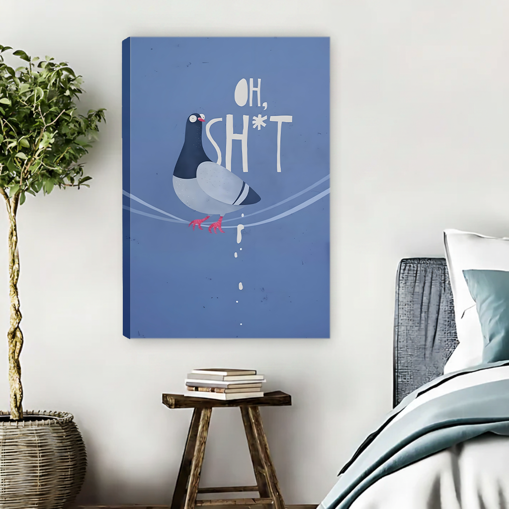Humorous pigeon canvas art without frame displayed on wall in warm natural bedroom setting
