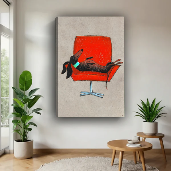 Dachshund on red retro swivel chair whimsical gallery wrap canvas art without frame hanging in contemporary living room with green plants