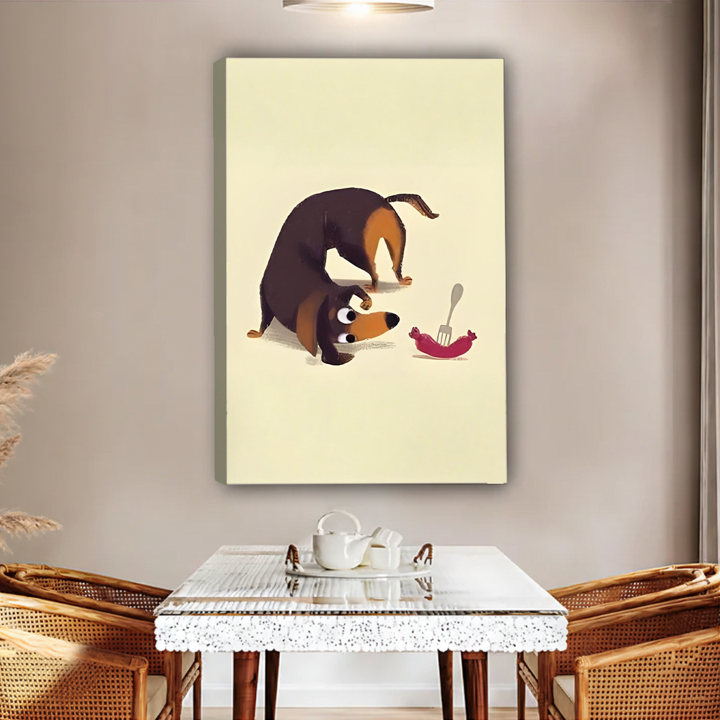 Cute dachshund dog canvas art print above glass dining table – funny minimalist sausage dog illustration in boho dining room