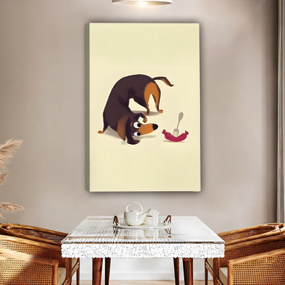 Cute dachshund dog canvas art print above glass dining table – funny minimalist sausage dog illustration in boho dining room