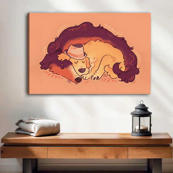 Sleeping Curly Dog Hat Canvas Wall Art Print Cozy Home Decor