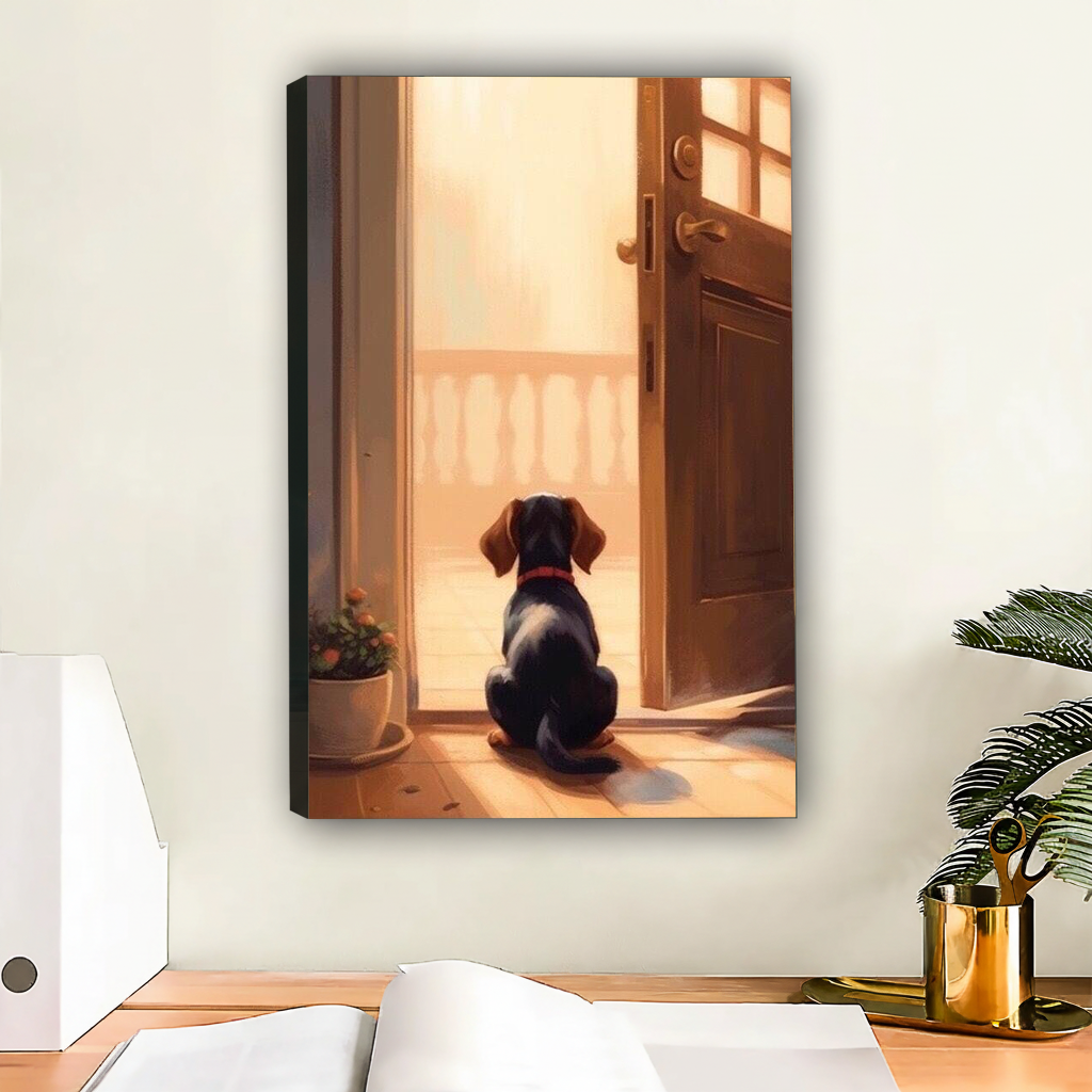 Unframed gallery wrap canvas of dachshund puppy sitting at golden doorway with warm light